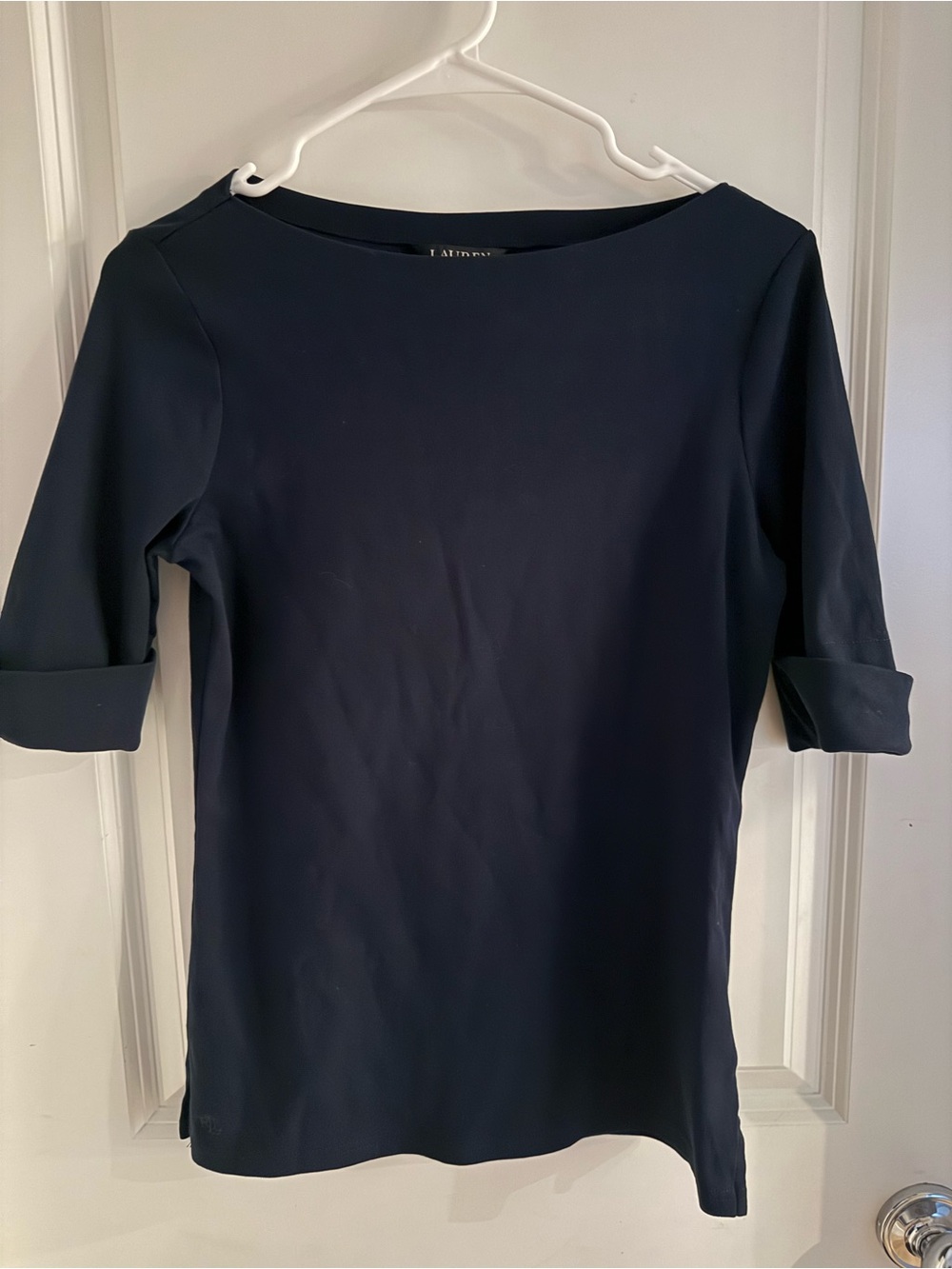 Lauren Ralph Lauren Navy Stretch Boat Neck Cuffed Sleeve Top Medium